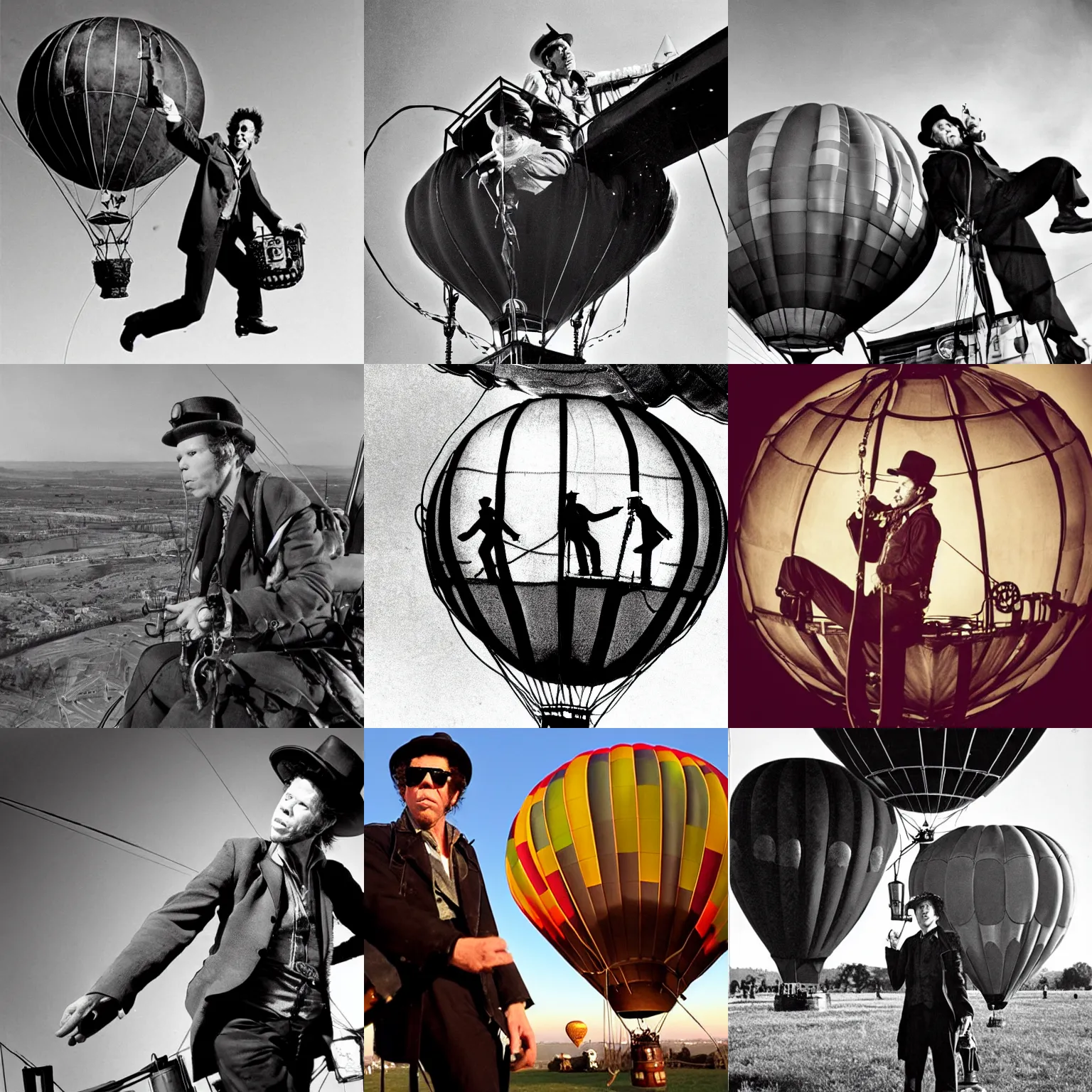 Prompt: tom waits piloting a steampunk hot air balloon