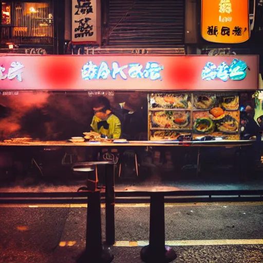 Prompt: a street noodle bar in the rainy city of neolondon, a steaming bowl of ramen sitting on the table against the rainy background of neon signs, cyberpunk, futuristic, grungy, film grain, polaroid photograph