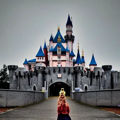 Image similar to a girl in chernobyl!!! disneyland castle made of reactor concrete blocks!! silent hill!! dark cloudy, atmospheric, foggy, wide angle