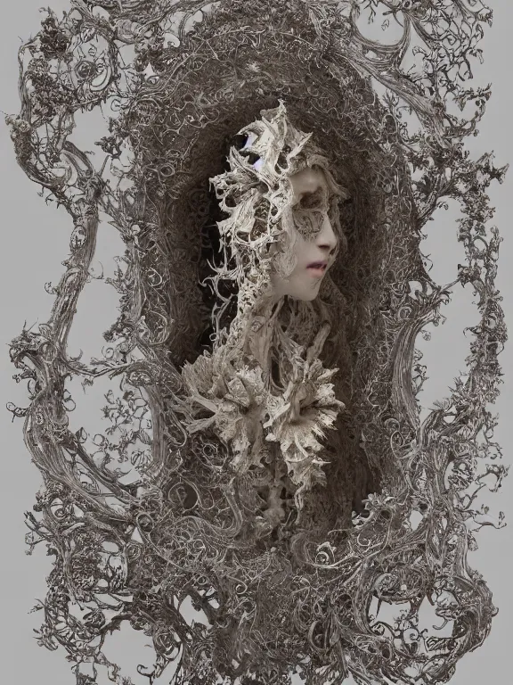 Image similar to a beautiful render of baroque catholic veiled ghost sculpture with symmetry intricate detailed,by Nekro and peter gric and aaron horkey and Billelis,Trending on artstation,ZBrush,fractalism,maximalism,glittering,gold,ivory,fire,hyperreal
