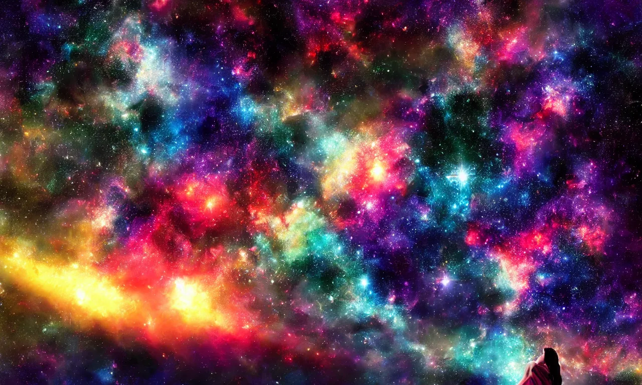 Prompt: colorful galaxy with a silhouette of a sleeping woman floating in space in view by wlop