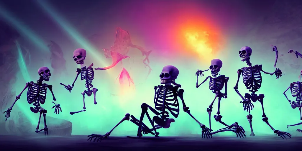 Image similar to skeletons, they are in front of a desk working on a new dark spell that is casting out flowing energy, colorful, flowing energy, light rays, medium shot, waist up, sharp, concept art, highly detailed, bloom, dramatic lighting, cinematic, by dreamworks