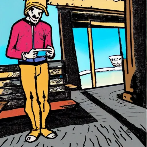 Prompt: smartphone addicted man on the seaside, comic art by Andrea Pazienza