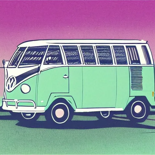 Prompt: illustration of an old van volkswagen, may 6 8, pastel colors, cool, hippie by victo ngai