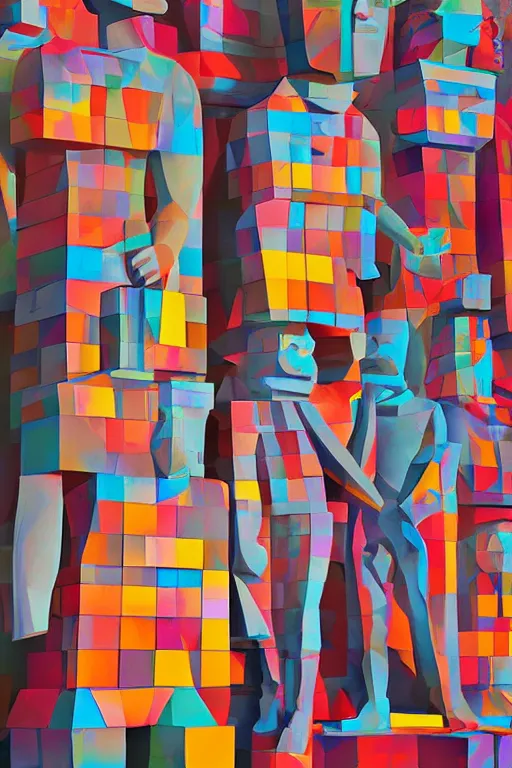 Image similar to cubist moai statue cutout digital illustration cartoon colorful beeple