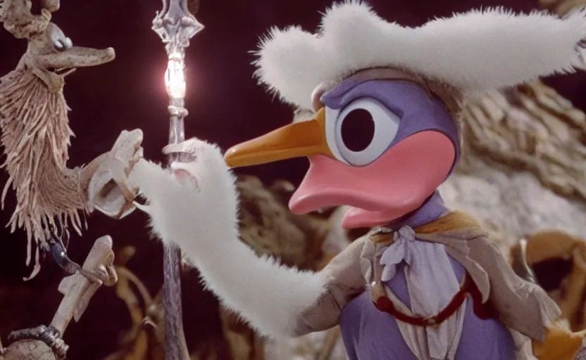 Image similar to a still of donald duck in the dark crystal,