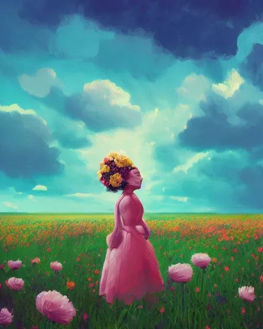 Image similar to girl with a giant carnation head, surreal photography, flower field, sunset dramatic light, impressionist painting, colorful clouds, blue sky, digital painting, artstation, simon stalenhag