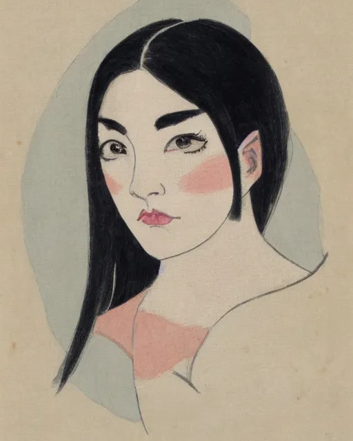 Prompt: a portrait of a young woman with shoulder length black hair, dark eyes, thick eyebrows, slightly chubby, pale skin, pretty, cute, by nakamura asumiko