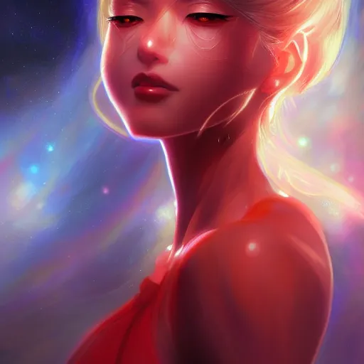 Image similar to A realistic anime painting of a beautiful cosmic woman with glowing red eyes and cosmic skin wearing clothes made of universes, digital painting, by Stanley Artgerm Lau, Sakimichan, WLOP, Makoto Shinkai, Rossdraws, Pixivs, digital painting, trending on Pixiv, SFW version —H 1024