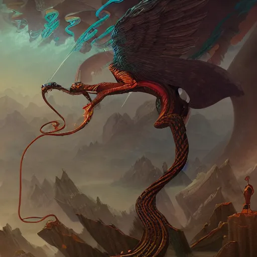Prompt: illustration, quetzalcoatl, inhumanly long and thin limbs, fallen angel, Barthin, by Peter Mohrbacher, hyper detailed, otherworldly, octane rendered, fantasy, heavenly