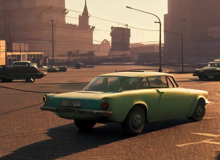 Image similar to hyperrealistic matte painting of gta game in soviet moscow, 1 9 6 0, playstation 5 screenshot, fine details, golden hour, beautiful rtx reflections, soviet suburbs, photorealistic, unreal engine 5, octane render, volumetric light, featured on cg society, 4 k, 5 0 mm bokeh, russian lada car, artstation