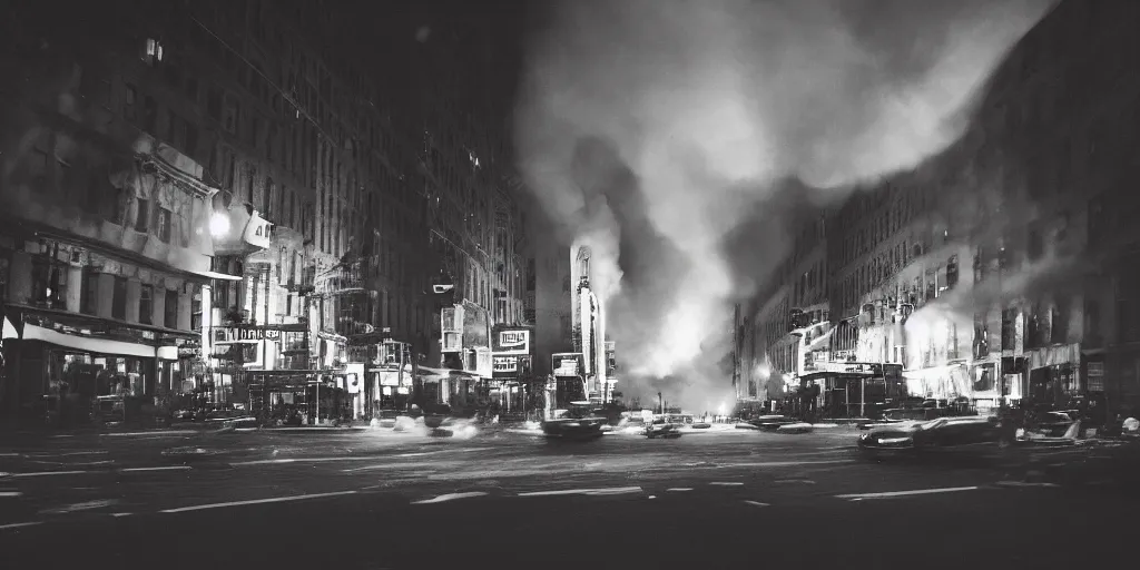 Prompt: high resolution photo of a new york street at night with an old church on fire surrounded with smoke and cars with bright headlights by robert capa, realistic photo, leica, cinematic lighting, magnum award winning photograph, parallax photography,