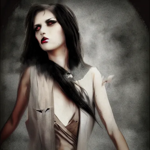 Image similar to a female vampire flying in a dark time, photomanipulation, photoshop, digital painting