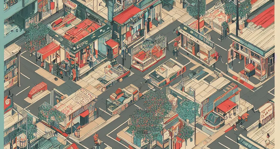 Image similar to isometric view illustration of a japanese street corner, by Victo Ngai