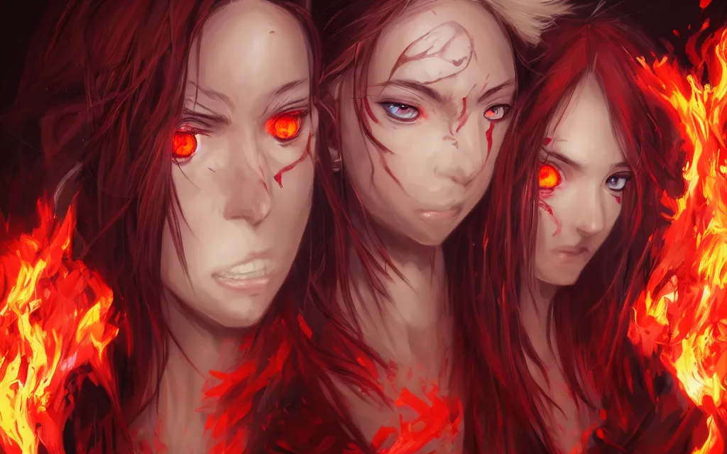 Image similar to A realistic anime portrait of a beautiful fire spirit twins with glowing red eyes and firey skin wearing clothes made of flames, digital painting, by Stanley Artgerm Lau, Sakimichan, WLOP and Rossdraws, digtial painting, trending on ArtStation, SFW version