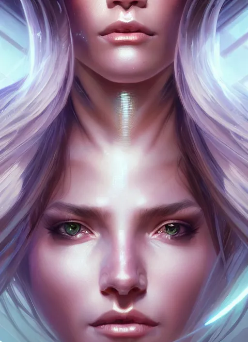 Image similar to futuristic woman portrait, sci-fi, amber eyes, face, long hair, fantasy, intricate, elegant, highly detailed, digital painting, artstation, concept art, smooth, sharp focus, illustration, art by artgerm and greg rutkowski and alphonse mucha