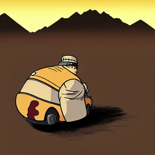 Prompt: a study of cell shaded cartoon of a short fat samurai rolling on a desert road, full body, wide shot, very muted colors, post grunge, studio ghibli, laurie greasley, highly detailed, deviantart, art by artgem