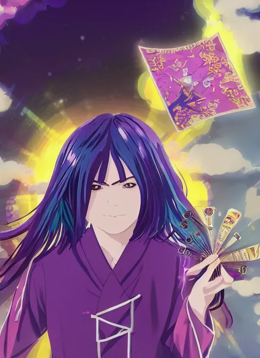 Image similar to teenager boy with straight indigo hair, purple eyes with red eye markers, slim body, wearing a detailed Japanese kimono with golden armpieces, holding a pair of fans. rich vivid colors, ambient lighting, dynamic lighting, 4k, official media, anime key visual, makoto shinkai, ilya kuvshinov, lois van baarle, rossdraws, detailed, trending on artstation