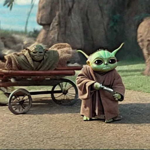 Image similar to a film still of baby yoda's kid riding a wagon to get together station in star wars realistic, detailed