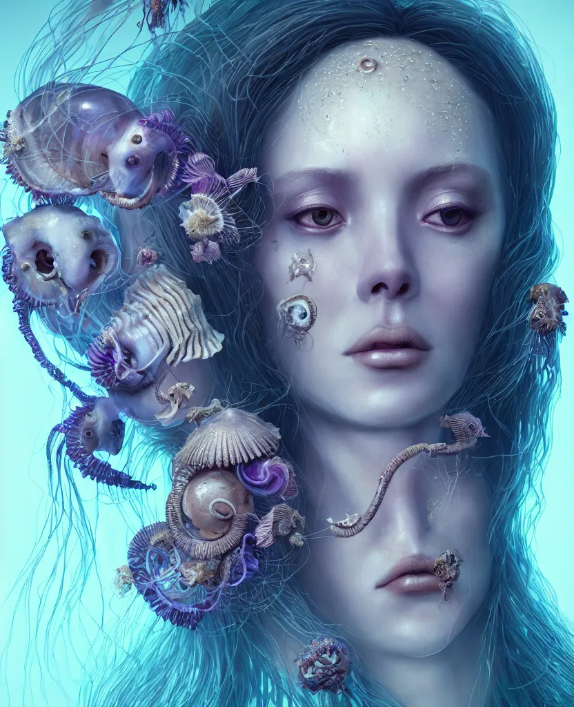 Image similar to goddess close-up portrait of princess face and ram skull. eyes. jellyfish phoenix head, nautilus, orchid, skull, betta fish, bioluminiscent creatures, intricate artwork by Tooth Wu and wlop and beeple. octane render, trending on artstation, greg rutkowski very coherent symmetrical artwork. cinematic, hyper realism, high detail, octane render, 8k