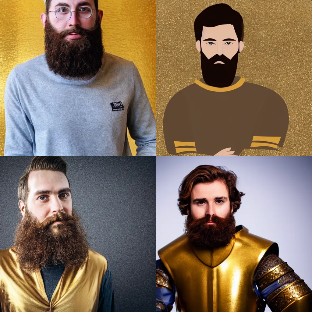 Prompt: A bearded man with brown hair in a shining golden armour