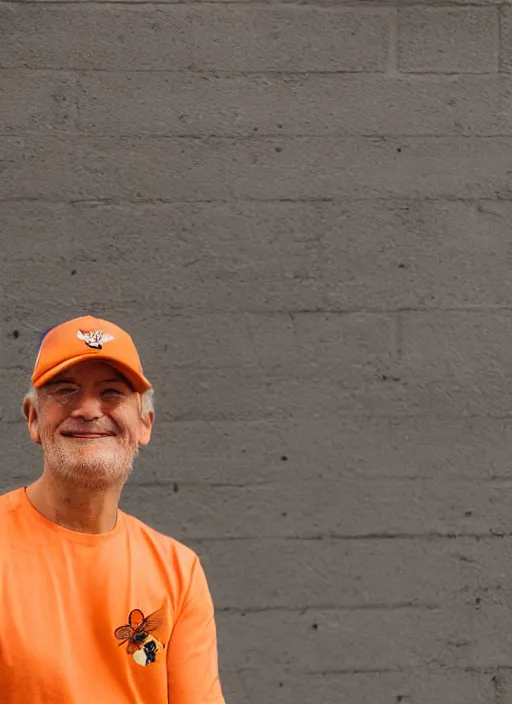 Image similar to a color photograph of an architect with short white hair, wearing an orange T shirt, a brown baseball cap with a bee on it, a lopsided wry smile on his face