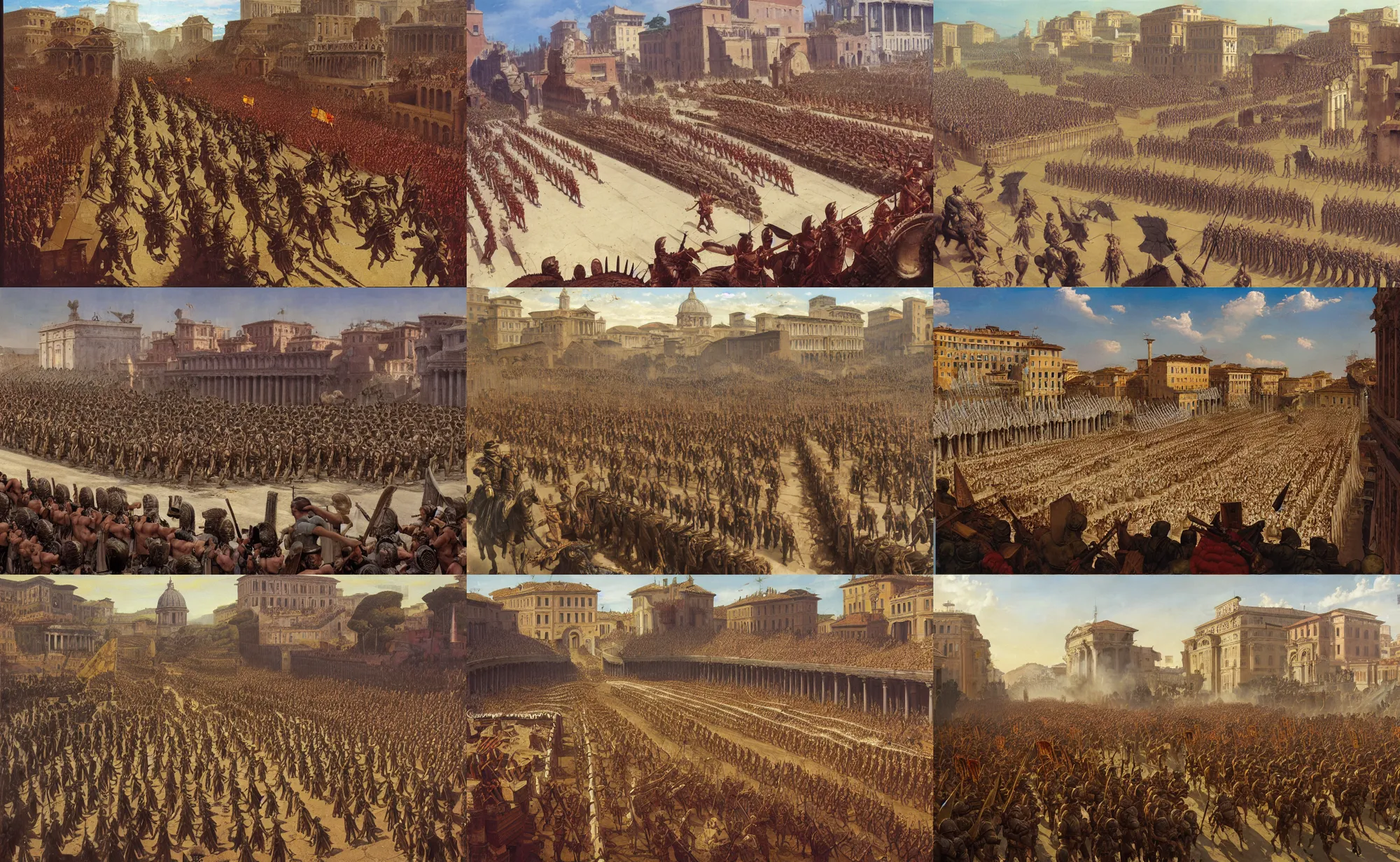 Prompt: A mixed media painting of Rome with Roman legionaries assembled in a military parade formation in the center of the city, isometric view, by Frank Frazetta, Thomas Cole, Boris Vallejo, Greg Rutkowski, Beeple, Yoko Taro, Christian MacNevin, epic fantasy character art, roman numerals, high fantasy, CGsociety, full length, exquisite detail, post-processing, masterpiece, cinematic, tiny crimson petals falling, Rome backdrop