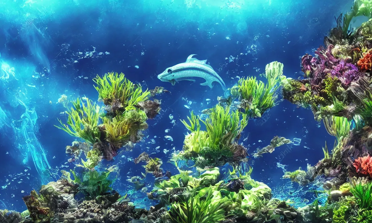 Prompt: Alien fish swimming at the bottom of an ocean on an alien world, plant life around, azure water, cinematic perspective, underwater,