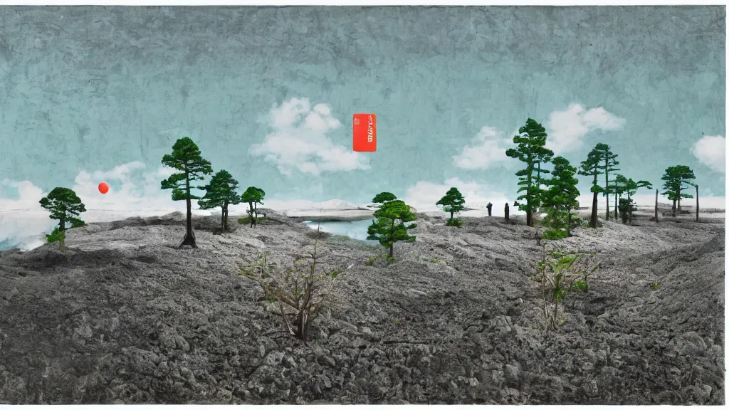 Prompt: a seaside landscape with sequoia trees, japan, a collage painting, in the style of wes anderson, lola dupre, david hockney, isolated on negative white space background dark monochrome neon spraypaint accents volumetric octane render
