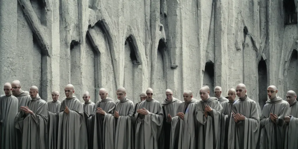 Image similar to humanoid alien robed benedictine monks sing in a stone gothic brutalist monastery kodak portra ektachrome