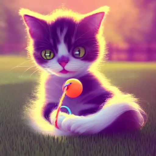 Prompt: a cute calico cat playing with a ball of yarn outside in the grass on a beautiful day, artstation, cgsociety, storybook art