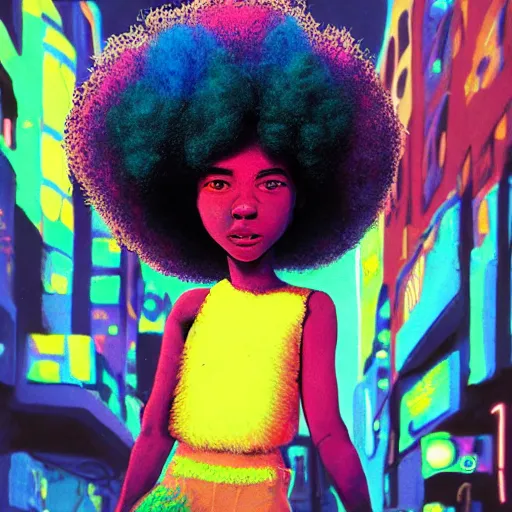 Image similar to a black girl with a colorful afro walking in a cyberpunk street by ralph bakshi, low angle shot, cinematic, colorful, trending on artstation, bright colors, synthwave, watercolor, volumetric wool felting, felt, macro photography, children illustration, by goro fujita