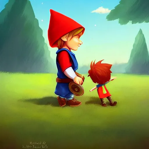 Image similar to cute little boy character inspired in little hood red and link from legend of zelda, digital artwork made by lois van barlee and rhads