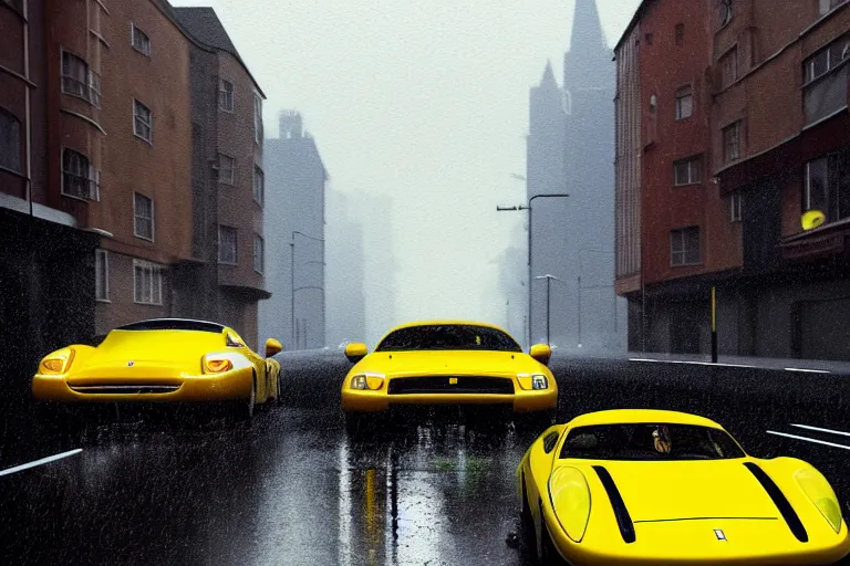 Image similar to a wholesome animation key shot of one focused yellow ferrari, dynamic, on a wet london street, raining, clouwdy atmosphere, wide shot, studio ghibli, pixar and disney animation, sharp, very detailed, high resolution, rendered in unreal engine 5, anime key art by greg rutkowski, overcast lighting, dark