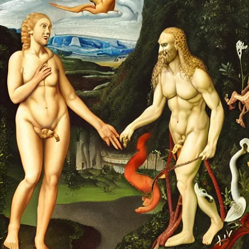 Image similar to Close-up of God being angry in the Garden of Eden. Adam and Eve look very guilty and the snake is leaving the scene quietly - anatomically correct, hyperrealistic