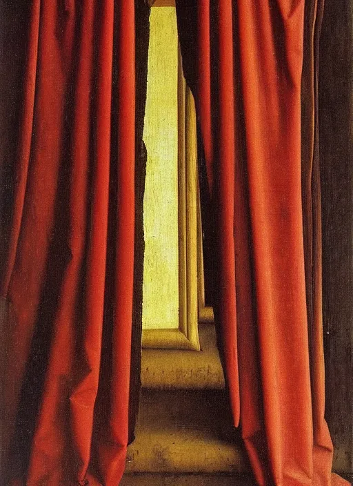 Image similar to red curtain, medieval painting by jan van eyck, johannes vermeer, florence