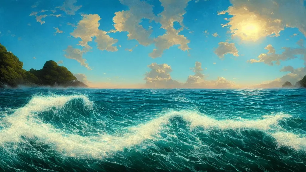 Image similar to first person view of breaking waves on the shore, summer, clear beautiful sky, bright sky, dolphins 🐬 swimming, peaceful, amazing, by andreas rocha and john howe, and Martin Johnson Heade, featured on artstation, featured on behance, golden ratio, ultrawide angle, f32, well composed