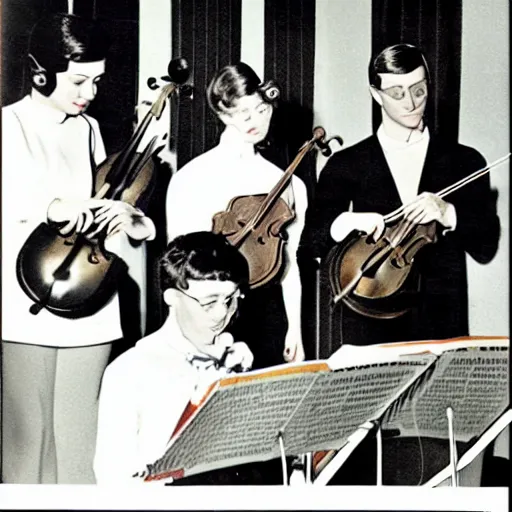 Prompt: a string quartet and three live coders performing in a space age setting, 1960s picture from a magazine