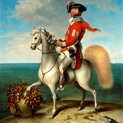 Prompt: a giant squirrel!!!! carrying napoleon bonaparte on its back, beach scene with flowers and foliage, detailed oil painting