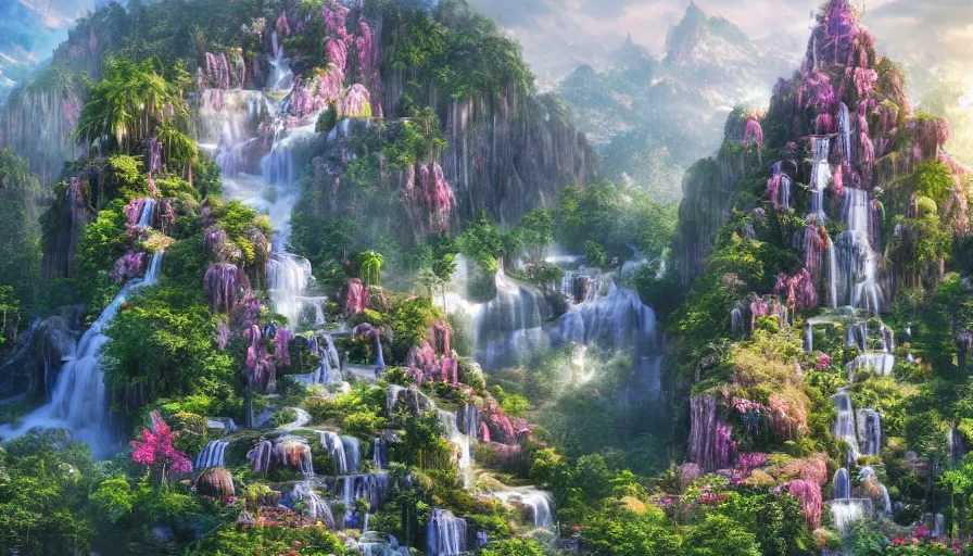 Prompt: Wide view of a crystal castle built on a flowery mountain with waterfalls and animals, volumetric light, hyperdetailed, artstation, cgsociety, 8k