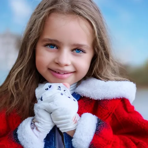 Image similar to a little portuguese girl with white - fair!!!!! skin, dirty blonde hair and blue eyes, wearing a disney land coat and blue jeans, 4 k, 8 k, photorealistic facial features