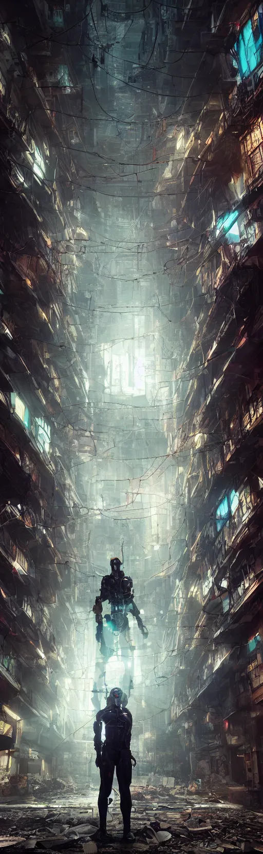 Prompt: portrait of a cyborg, standing in a hall of abandoned cyberpunk megacomplex; hyperrealistic, 4K wallpaper, cinematic lighting, highly detailed and beautiful