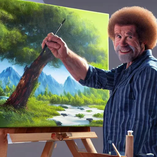 Image similar to a closeup photorealistic photograph of bob ross working on a canvas painting of spiderman. film still. brightly lit scene. mountains and trees. this 4 k hd image is trending on artstation, featured on behance, well - rendered, extra crisp, features intricate detail, epic composition and the style of unreal engine.