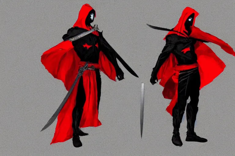 Prompt: a twin blade muscular swordsman, red and black cape and hoodie, scary, intimidating, worn out clothes, torn clothes, concept by Jason Chan