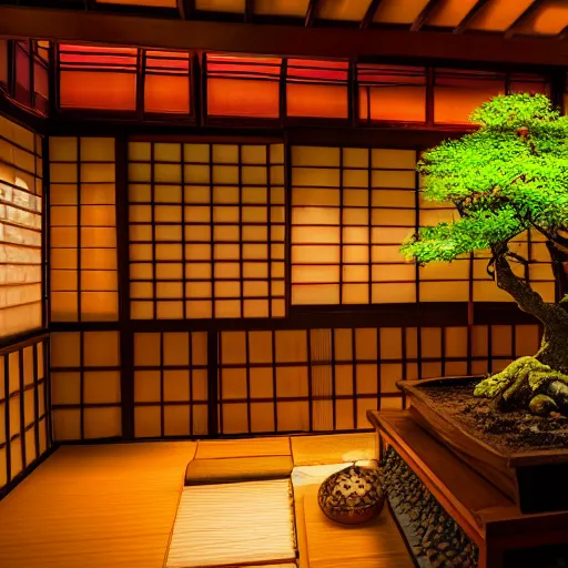 Image similar to photographed by Frans Lanting of the inside of a dimly lit cozy dark wooden Japanese house with a indoor koi pond at night raining, bonsai trees, fireflies, wild flowers, raining, night