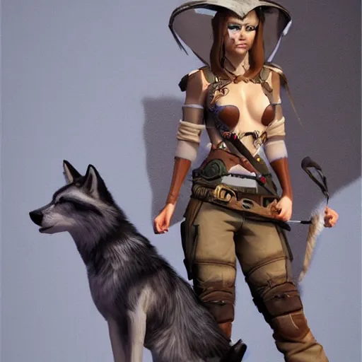 Image similar to a huntress and her pet wolf, detailed face, concept art, trending on artstation 3D.