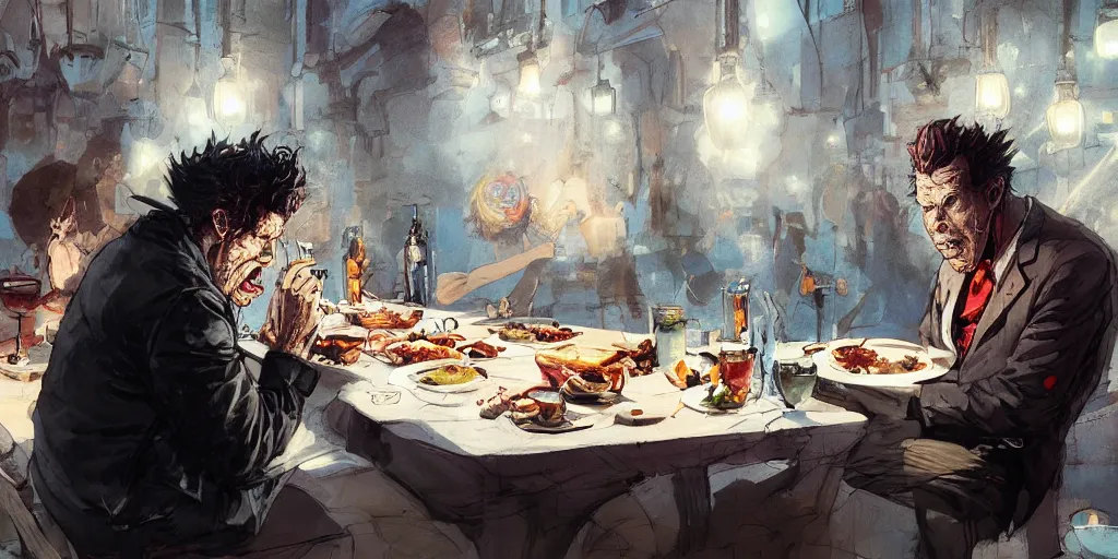 Image similar to cartoonish tom waits eating dinner, vivid colors, character sheet, fine details, concept design, contrast, kim jung gi, greg rutkowski, trending on artstation, 8 k, full body, turnaround, front view, back view, ultra wide angle