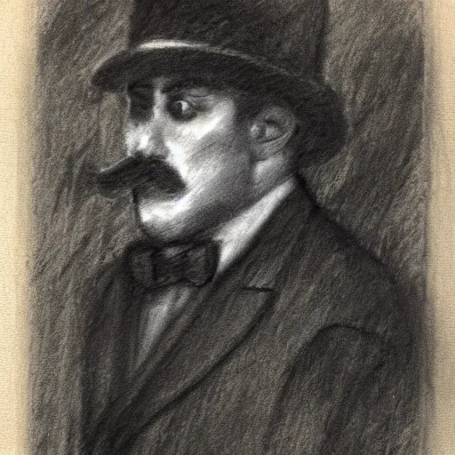 Image similar to charcoal sketch of an early 20th century occult detective from the german empire, mustache, bow tie