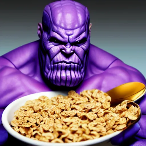 Image similar to thanos eating cereal, advertisement,