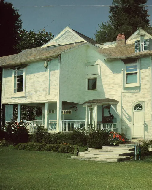 Prompt: the exterior of a house in devonshire that was built in the 1 9 7 0 s and is rumoured to be haunted, painterly, offset printing technique, photographed on kodachrome by brom, robert henri, walter popp, cinematic lighting, various refining methods, micro macro autofocus, ultra definition, award winning photo